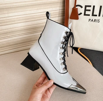 

Sexy Metal Decoration Women's Winter Boots Genuine Leather poined Toe Thick Heels Pumps Working Night Club Shoes Woman