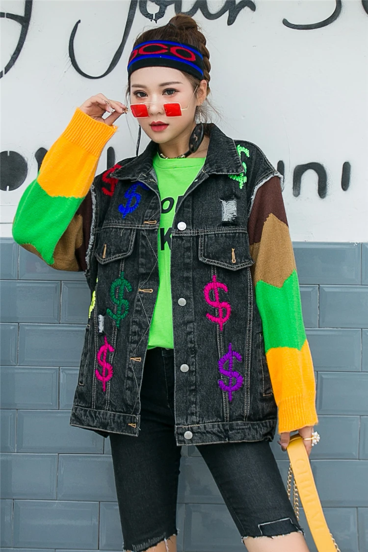 Таиланд Tide бренд тяжелая работа вышивка отверстие необработанный край Строчка джинсовая куртка женский свободный свитер с длинным рукавом bf кардиган пальто