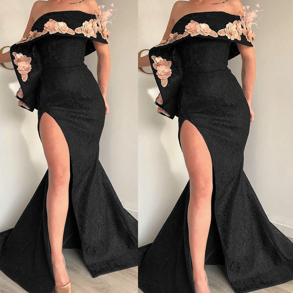 SuperKimJo черные кружевные вечерние платья Длинные лодочные шеи 3D цветы элегантное скромное вечернее платье Vestidos Elegantes