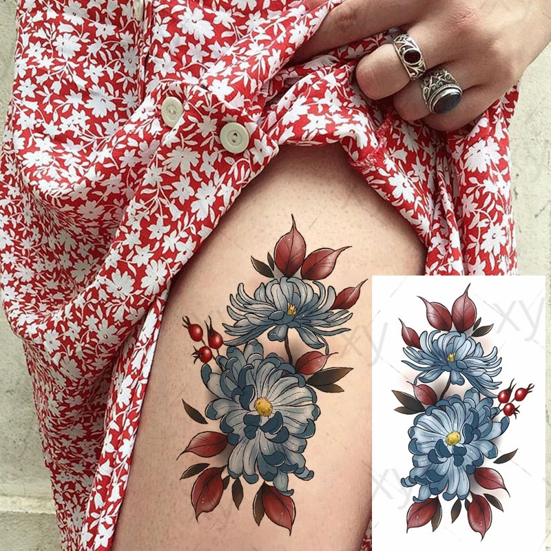 

Waterproof Temporary Tattoo Sticker Blue Flower Chrysanthemum Fruit Fake Tatoo Breast Chest Back Belly Flash Tatto for Women Men