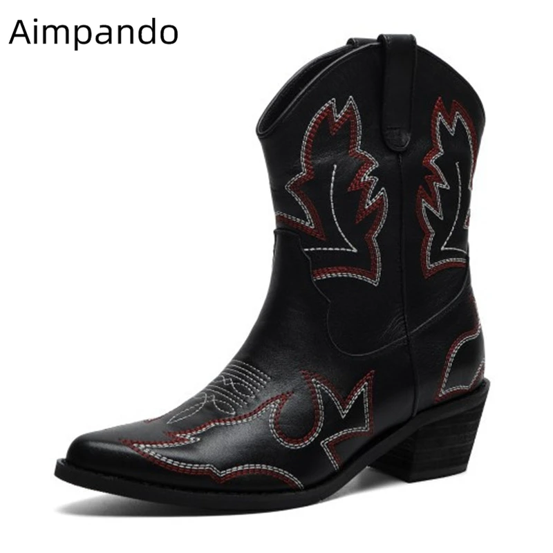 

Mordern Vintage Sewing Western Boots For Lady Square Heel Pointed Toe Embroidery Women Boots Autumn Winter Botas Mujer