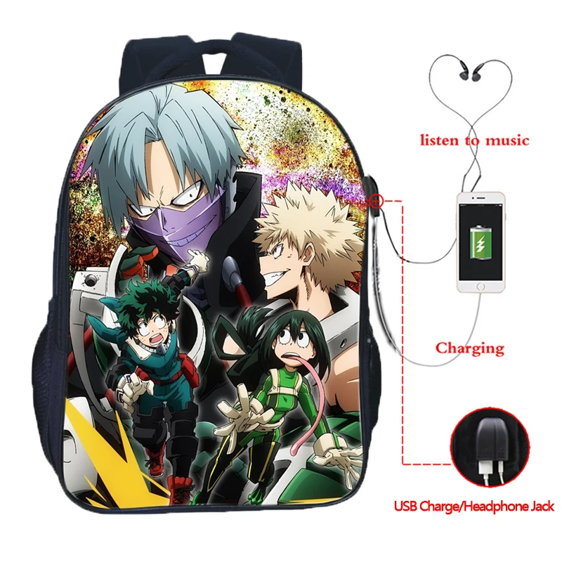 Рюкзак Boku No Hero Academy с usb-зарядкой, рюкзак с двойным карманом, школьный рюкзак Mochila для мужчин и женщин, повседневный рюкзак для девочек и мальчиков