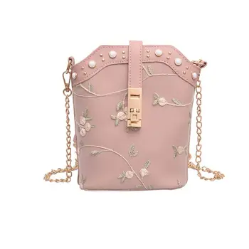 

Lace Flower Bucket Women Handbags PU Leather Shoulder Bag Small Embroidered Crossbody Purse