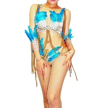 

Blue Embellished Beaded Feathers Bikini Sets Sparkling Rhinestones Sexy Dance Costume Women Ladies Nightclub Performance Wear