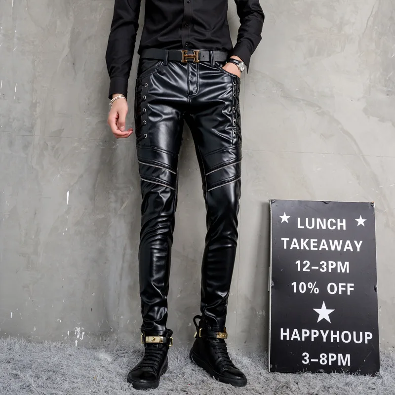 Men Leather Pants Fashion Casual Pant Slim Fit PU Leather Locomotive Pants Punk Rock Stage Show Clothing