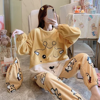 

Ladies pajamas keep warm in winter new flannel bathrobe female cartoon home service suit thick two-piece suit pyjamas women