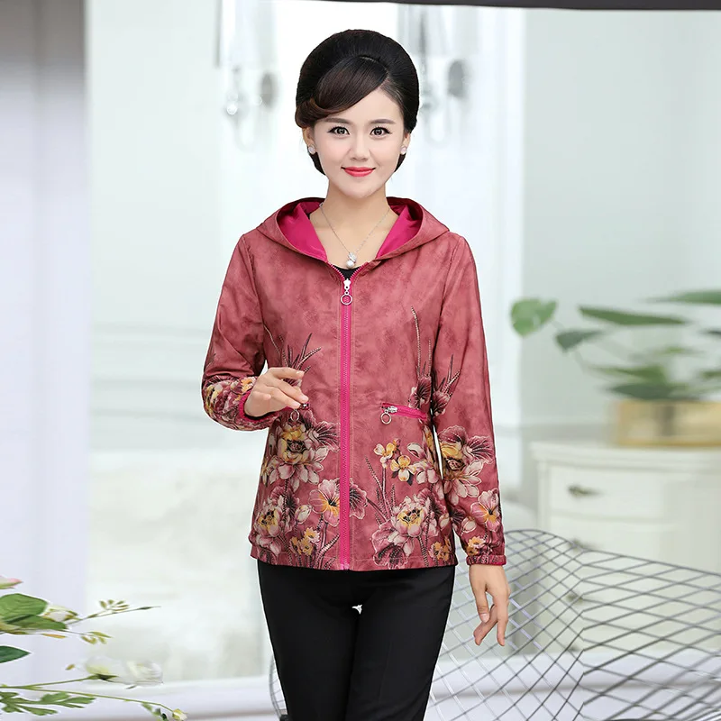 

New Style Middle-aged Women Dress Autumn Clothing Loose-Fit Printed Hooded Jacket Coat Middle-aged Women's Casual Tops 40-Year-O