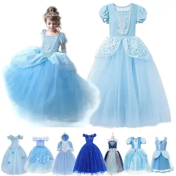 

Girl Fluffy Princess Ball Gown Kids Tulle Lace Shoudlerless Performance Dress Cinderella Gorgeous Blue Costumes Halloween Party