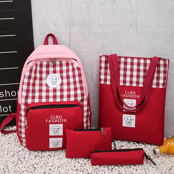 

Backpack Women's New 2019 Rural Plaid Leisure Backpack Four Piece Set of Large Capacity Student Schoolbag