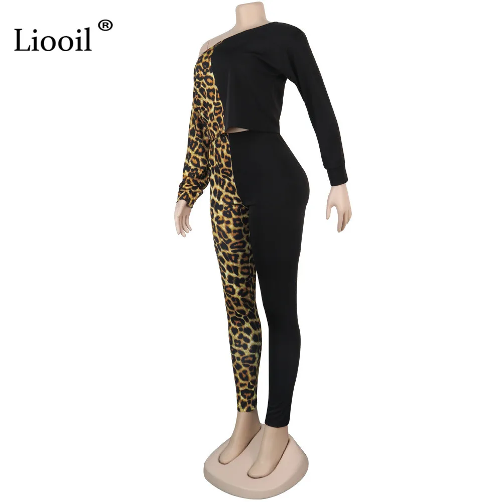 Liooil размера плюс, комплект одежды из двух частей, Леопардовый принт, сексуальный комбинезон,, длинный рукав, о-образный вырез, вечерние комбинезоны для клуба, женский комбинезон