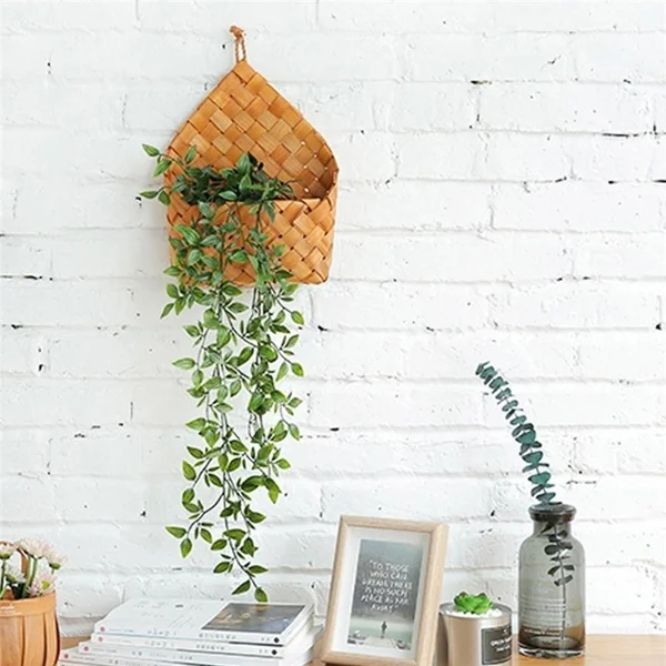 wicker brown wood wall hanging pocket basket flat back door decor country dec Kd 