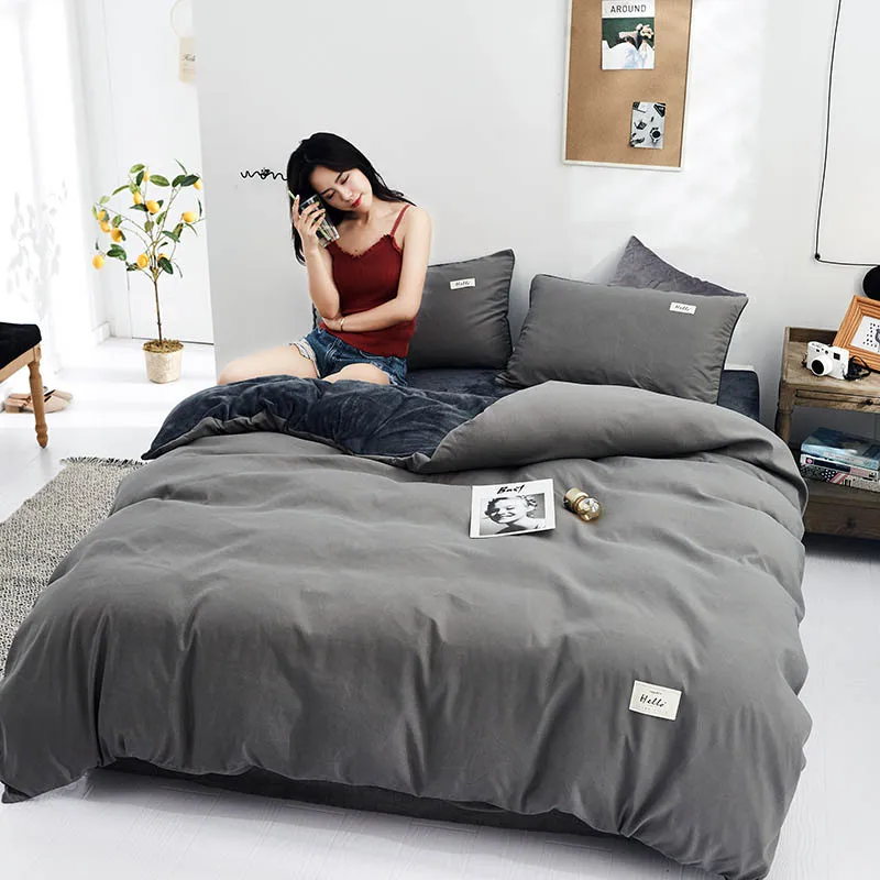 3pcs/4pcs Winter Warm Solid Color Yellow Grey Bedding Set Bed Sheet Quilt Cover and Pillowcases Set - Цвет: grey
