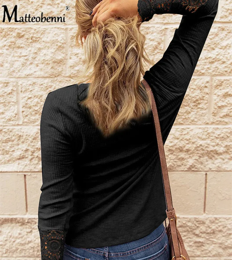 Lace Splicing Top Long Sleeve T Shirt Woman Button Slim Tops Tee Autumn Patchwork Sleeve T-shirt Women Sexy Casual Streetwear
