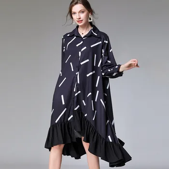 

Spring Large Size Shirt Dress Retro Turn Down Collar Causal Women Loose Print Long Sleeve Stitching Irregular Ruffle Dress