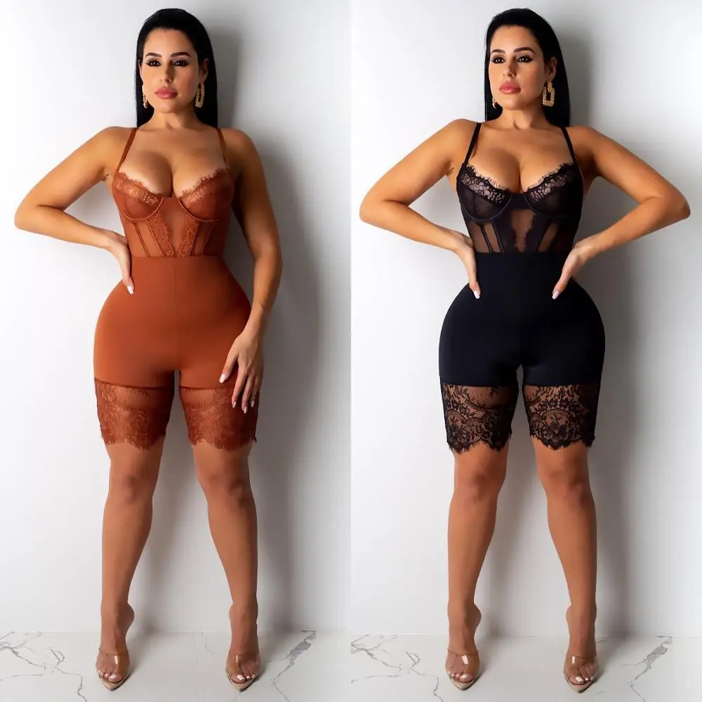 

BKLD Women Sexy V-Neck Backless Lace Patchwork Spaghetti Strap Jumpsuits 2023 Clubwear New See Through Soild Bodycon Rompers