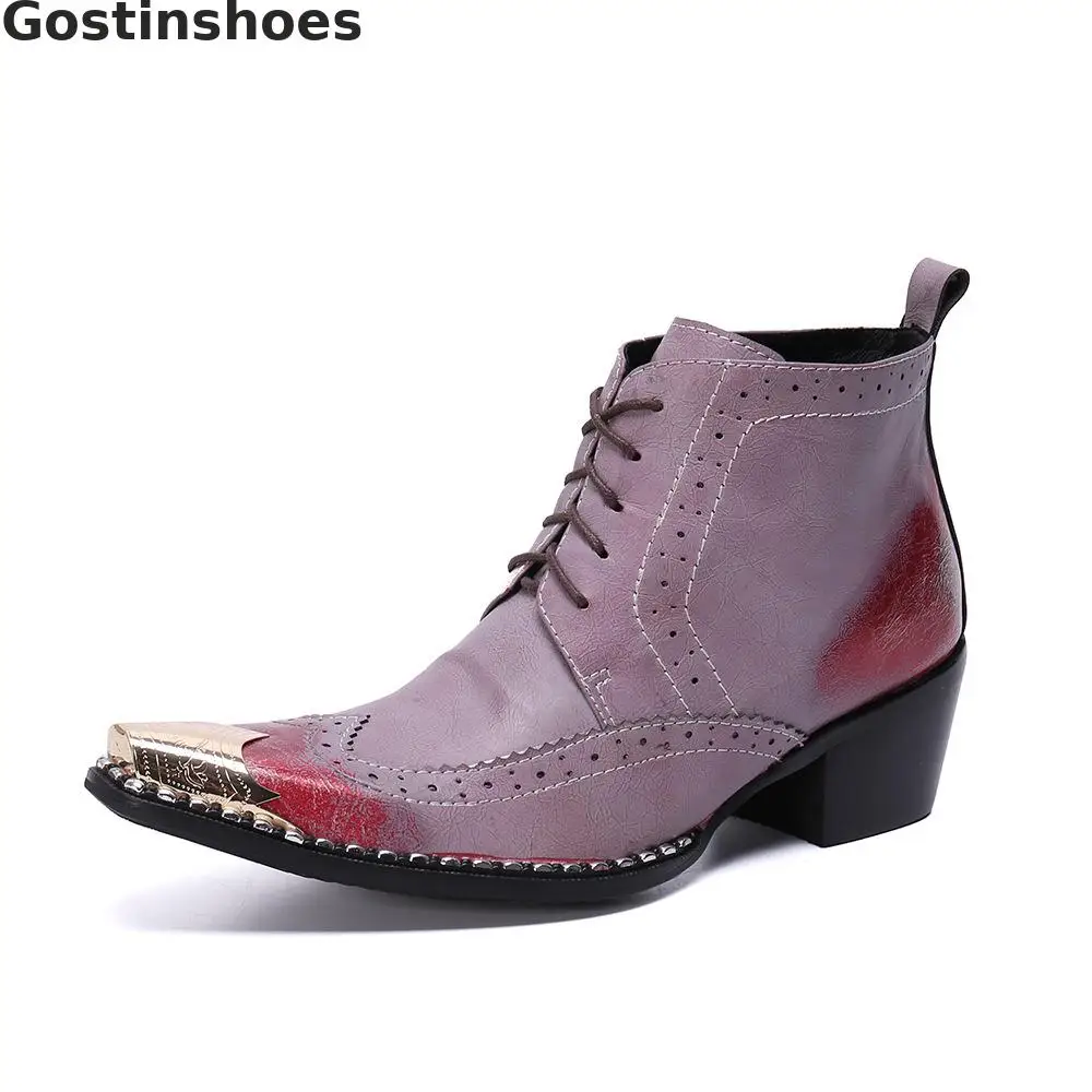 Модные ботинки мужские ботильоны из натуральной кожи на шнуровке ботинки-броги с металлическим носком и вырезами, мужские короткие сапоги с металлической окантовкой
