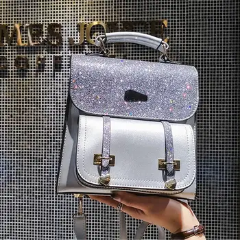 

1PC Shining Sequin Backpack PU Leather Casual Satchel Shoulder Bag Handbag for Girls Lady (Silver)