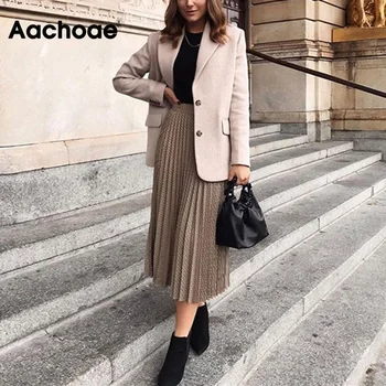 

Aachoae Casual Loose Plaid Midi Skirt Woman Elegant Office Wear Pleated Skirt High Waist Houndstooth Skirts Lady Mujer Faldas