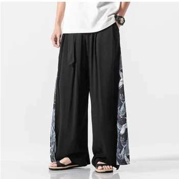 

Men cotton linen Casual Loose Straight Wide Leg Pants Men Skirt Pant Streetwear Gothic Trousers Stage Show Clothing