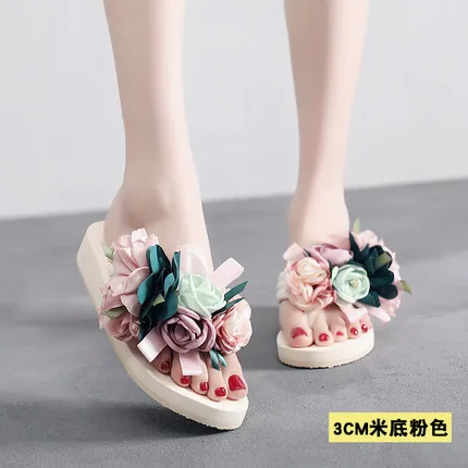 3cm-heel-beige Новинка года; женские шлепанцы; Вьетнамки; женские сандалии; женская пляжная обувь с цветком; модная Уличная обувь на плоской подошве; шлепанцы с цветочным узором на высоком каблуке 5 см - Цвет: 3cm-heel-beige