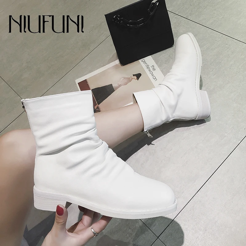 

Round Toe Solid Color Women's Ankle Chelsea Boots Shallow Low Heel Zipper Martin Boots Women's Shoes Size 35-39 Botas Mujer 2019