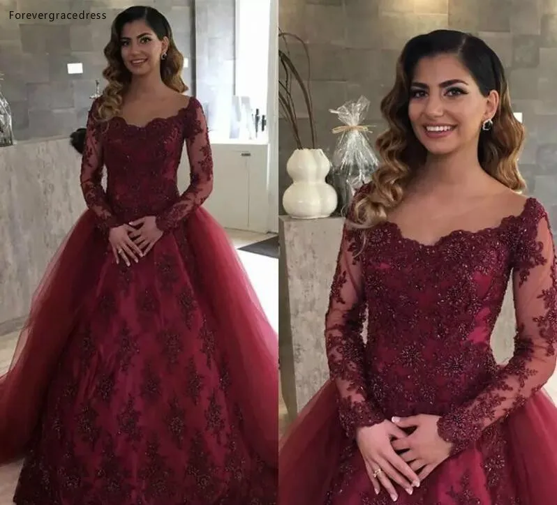 2019 Sexy Bourgondië Prom Dress Arabische Lange Mouwen Formele Feestdagen Dragen Graduation Avond Party Gown Custom Made Plus Size 2019 Sexy Bourgondië Prom Dress Arabische Lange Mouwen Formele Feestdagen Dragen Graduation Avond Party Gown Custom Made Plus Size