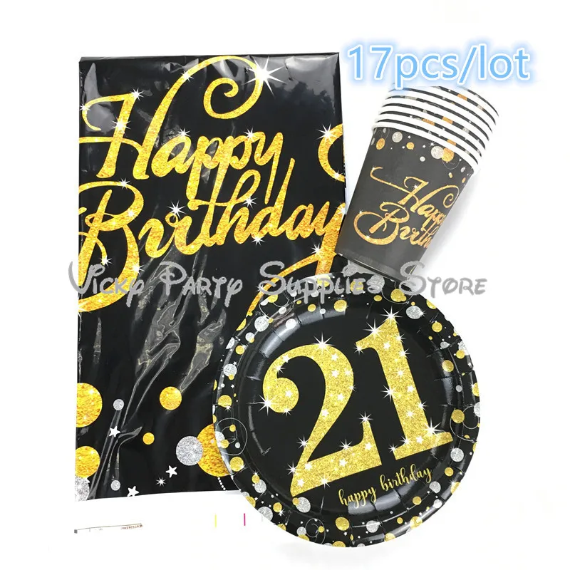 17pcs/lot Age Letters Party Disposable Tableware Set Anniversary Wedding Birthday Pink Gold Cup Plate Party Decoration Supplies - Цвет: 17pcs gold 21years