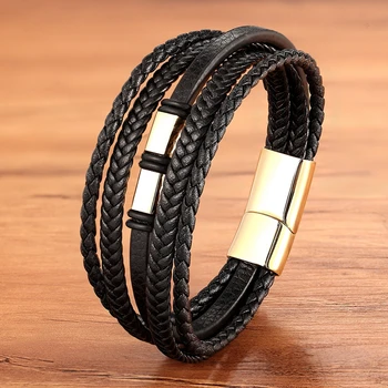 

Multilayer Leather Classic Small Accessories Men's Leather Stainless Steel Bracelet For Birthday Party Lucky Present