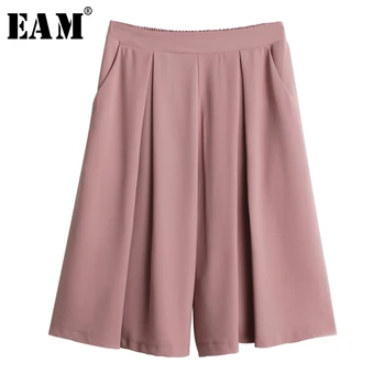 

[EAM] High Elastic Waist Pink Color Brief Pleated Wide Leg Trousers New Loose Fit Pants Women Fashion Spring Summer 2020 1T515