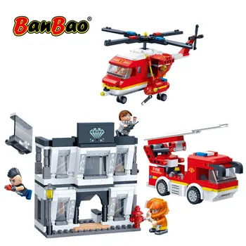

BanBao 7121 Gem Center Fire Fighting Helicopter Ladder Truck Bricks Educational Building Blocks Children Kids Friend Toy Model