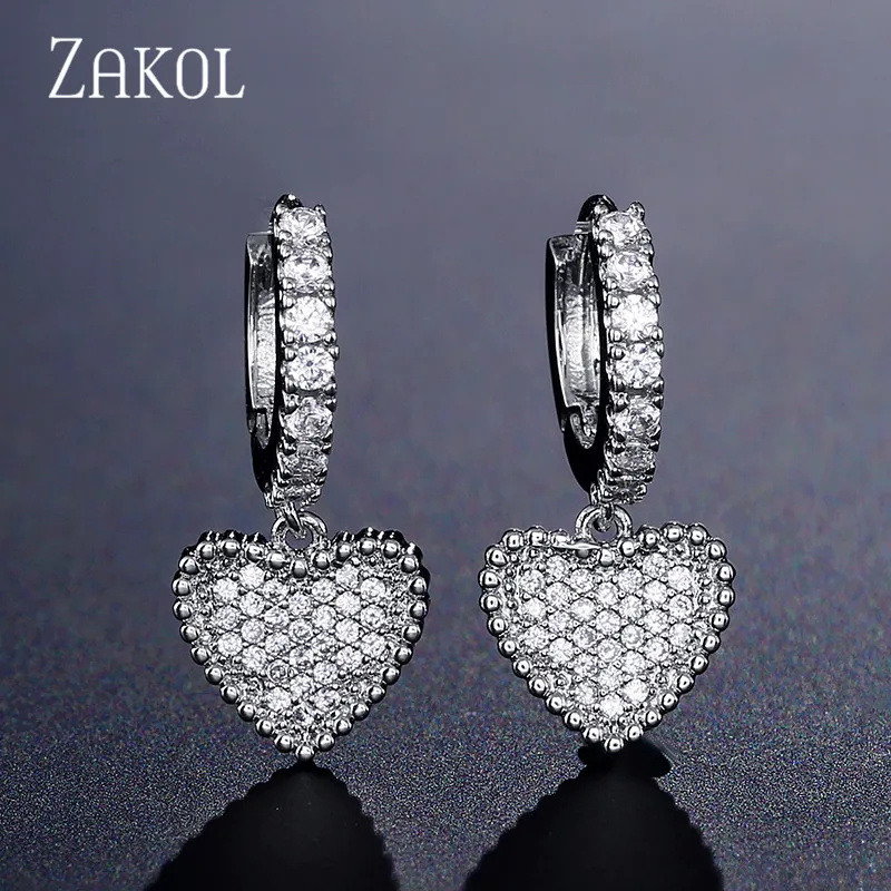 ZAKOL новые модные серьги-кольца с кубическим цирконием AAA свадебные серьги сердцем