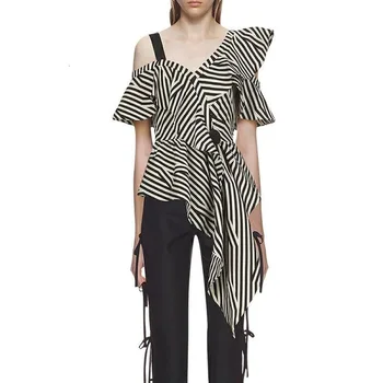 

[LIVIVIO] Irregular Striped Off the Shoulder Ruffled Tops Women Shirts Female Blouses Fashion Clothing New