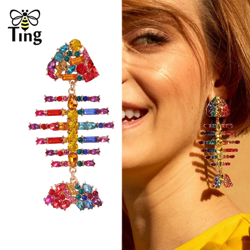 

Tingfly Designer New Fashion Mutilcolor Crystal Fishbone Fish Earrings Jewelry Large Size Luxury Party Earrings Nice Gifts