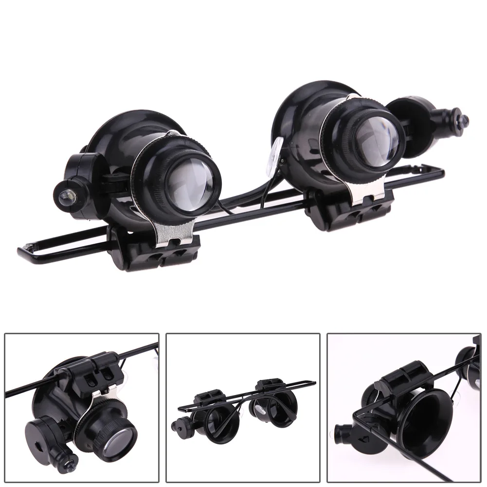 Óculos Lupa com Ajustável Led Luz 20x Acrílico Lupa Lente Óculos para Jóias Relógio Ferramenta de Reparo Telescópio e binóculos 1 Óculos lupa com 2 ajustável led luz