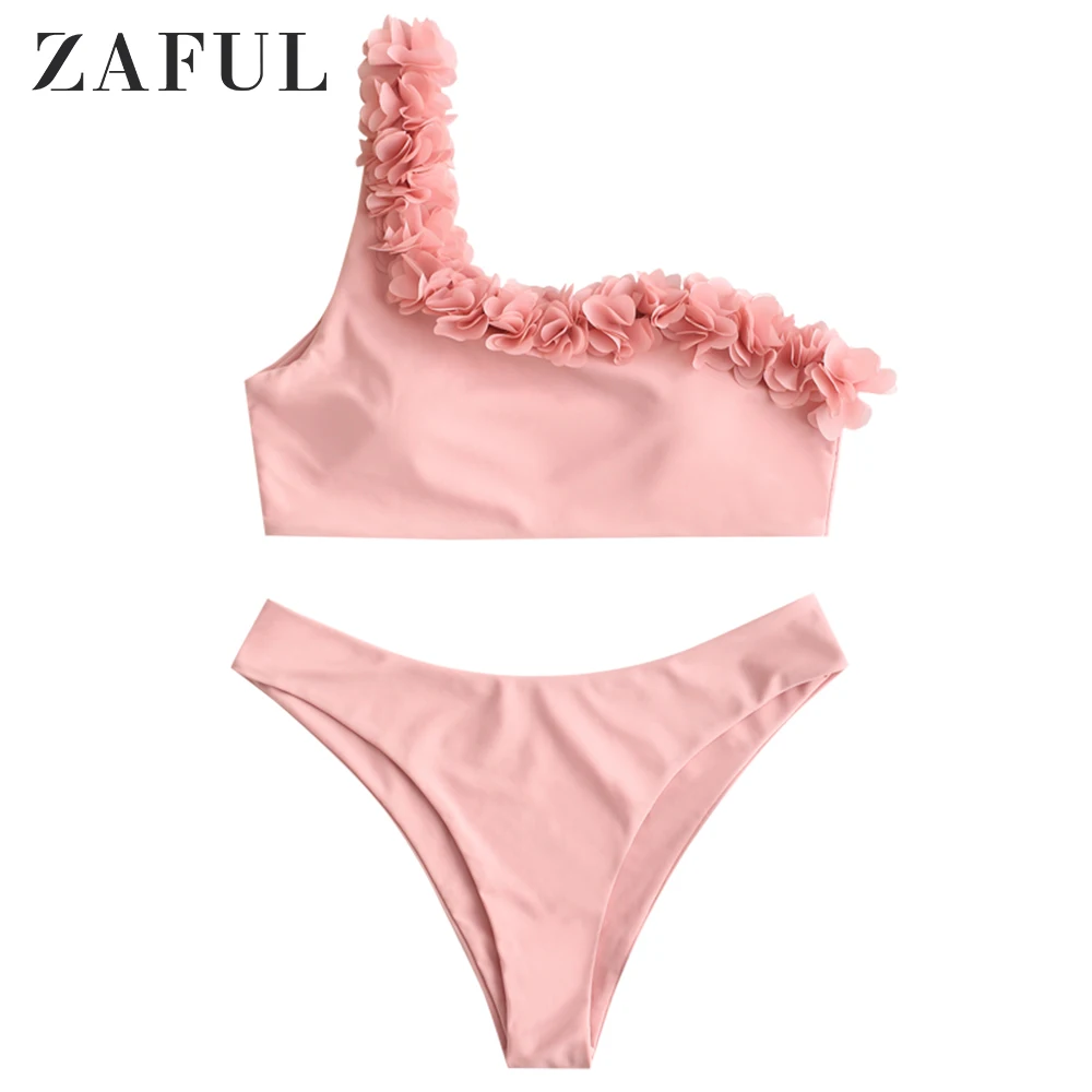 Zaful Petal One Shoulder Bikini Swimsuit Removable Padded Bikini Sets