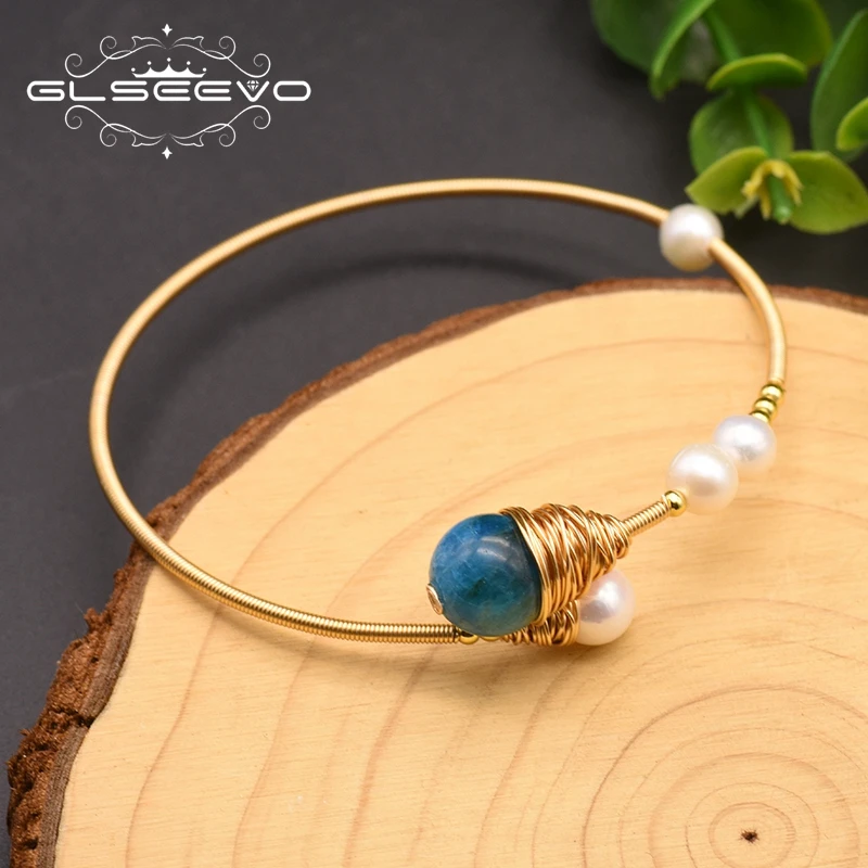 GLSEEVO Natural Fresh Water Pearl Bangles For Women Wedding Engagement Natural Stone Bracelet Jewelry Pulseras GB0176