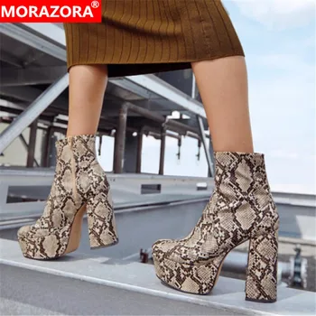 

MORAZORA 2020 autumn winter ankle boots women round toe snake fashion brand party prom shoes high heels platform boots woman