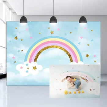 

Mehofond Newborn Rainbow Backdrop Blue Sky Clouds Stars Baby Shower Birthday Party Photography Background Photo Studio Props