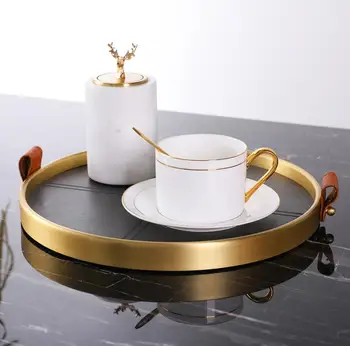 Luxtry Brass Edging Black Leather Round Tray 3
