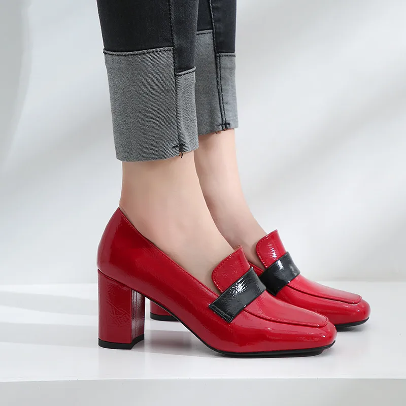 

2019 Vintae British Style Stable Women Block Hih Heel Shoes Slip on Sprin Ladies Chunky Heels Pumps Black Bi Size