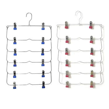 

2Pcs 6 Layers Pants Organizer Non-Slip Foldable Steel Closet Wardroble Hanger with Clips - Blue & Rose Red