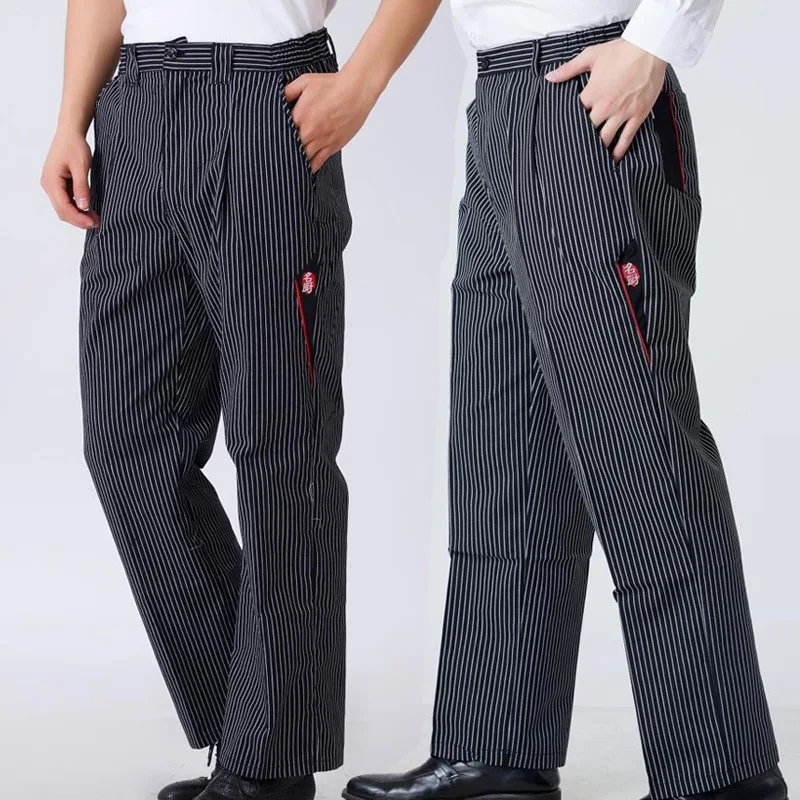 

Men Chef Food Service Loose Trousers Striped Kitchen Work Wear Restaurant Uniform Male Wide Leg Business Cook Pants Maxi Bottoms