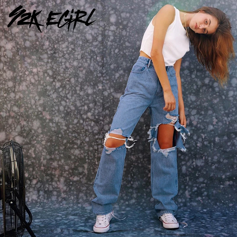 

Y2K EGIRL Fashion Streetwear High Waist Ripped Jeans Casual Autumn Distressed Hole Slim Long Pants Vintage Demin Trousers 90s