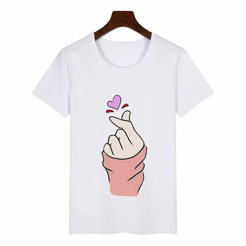 New Women's T-shir Graphic Love Hand Print Harajuku T-shirtFunny gesture White Short Sleeve Couple T-shirt Fashion Women Shirts | Женская