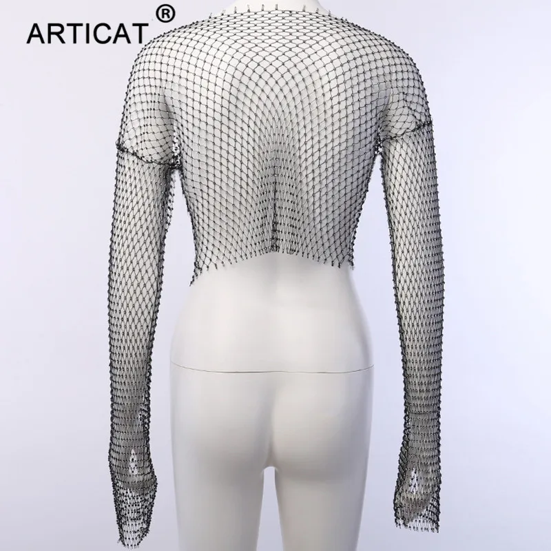 Articat, стразы, блесток, сетка, обрезанная Футболка, женская, длинный рукав, прозрачные бриллианты, вечерние, модная, открытая, футболка