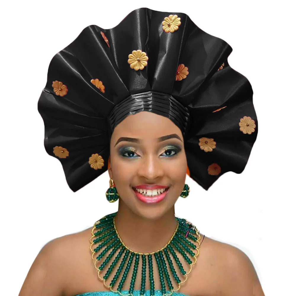 Новое поступление вентилятор тюрбан уже завязанный ASO OKE повязка на голову в африканском стиле дамские Авто геле для Свадебные и вечерние DHL - Цвет: black
