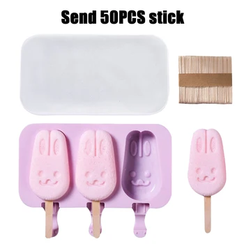 

Silicone Ice Cream Mold With Cover 50 Wooden Sticks DIY Cute Cartoon Ice Cream Stick Moulds Jelly Candy Form Maker Ice Cube Tray