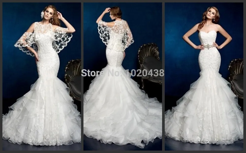2018 Collectie Mermaid Sheer Applique Lace Jacket Ruches Gelaagde Lange Bruidsjurk vestido de noiva moeder van de bruid jurken 2018 Collectie Mermaid Sheer Applique Lace Jacket Ruches Gelaagde Lange Bruidsjurk vestido de noiva moeder van de bruid jurken