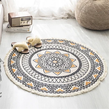 

Nordic Round Carpets Bohemia Ethnic Tassel Yellow Mandala Carpet Living Room Cotton Linen Big Rugs Modern Classic 120cm Mats