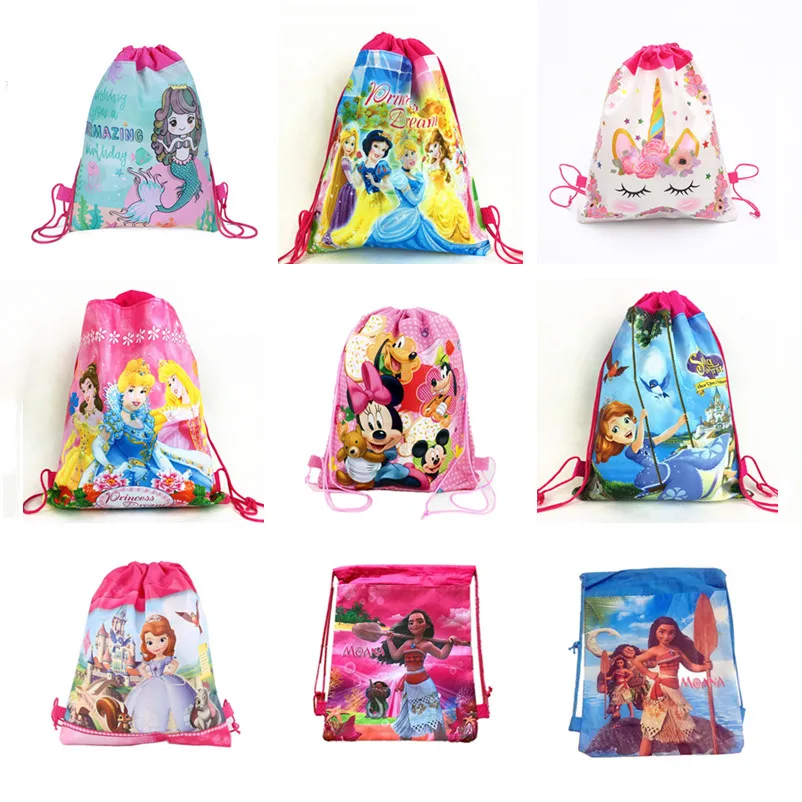 

20pcs Cartoon Unicorn non-woven bag fabric backpack Dinosaur /Princess Moana Baby Shower Decoration Gift bag Drawstring Backpack